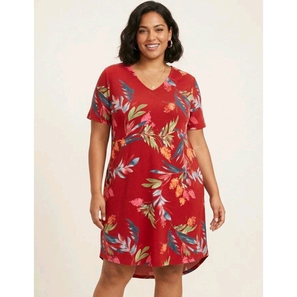 Christian Siriano Floral Shift Dress Red Coral V-Neck Plus Size XXL Short Sleeve